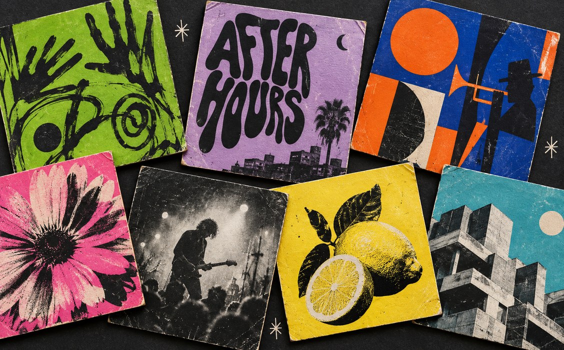 A collage of colorful album art across music genres